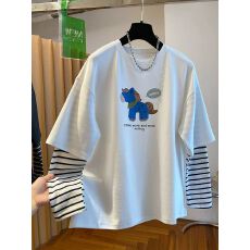 批发【21支纯棉+广州条纹布】特<b class='q'>大码</b>300斤假两件长袖t恤女早春上衣