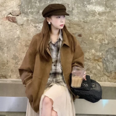 批发原版做法美式麂皮绒翻领外套女秋冬宽松时尚加厚棕色休闲夹克上衣