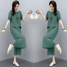 批发丝麻阔腿裤2026春<b class='q'>夏</b>新款T恤胖妹妹遮肉显瘦轻奢休闲两件女装套装