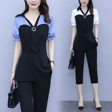 批发2026夏装新款时尚胖妹妹遮肚领带显瘦大码女装夏季两件套减龄套装