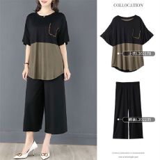 批发休闲套装女胖mm加大码女装夏新款宽松休闲时尚遮肚子洋气两件套装