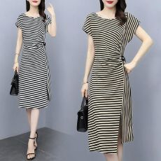 批发条纹收腰气质时尚开叉轻熟风<b class='q'>连衣裙</b>今年流行新款中长款短袖裙子
