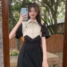 批发夏大码女装<b class='q'>连衣裙</b>2026新款polo领拼接撞色褶皱收腰显瘦藏肉<b class='q'>开叉</b>裙