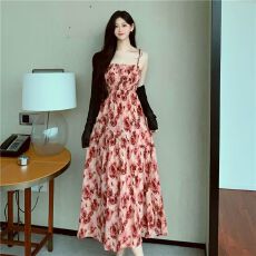 法式茶歇连衣裙吊带裙女夏季新款胖MM收腰显瘦遮肉玫瑰碎花长裙子