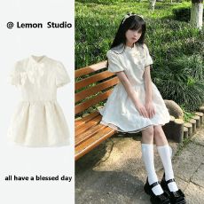 批发短款可爱连衣<b class='q'>裙</b>新中式蝴蝶结提花<b class='q'>网纱</b>夏女学生收腰显瘦a字公主<b class='q'>裙</b>