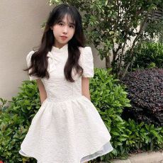 新中式日落公园连衣裙蝴蝶结提花网纱夏女学生收腰显瘦a字公主裙