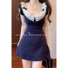 批发甜辣妹纯欲收腰显瘦遮肚<b class='q'>连衣</b>裙夏季小飞袖蕾丝花边收腰A字短裙子