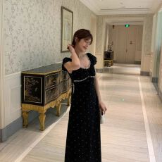 黑色波点法式方领连衣裙女夏新款韩版小个子中长款修身收腰显瘦裙