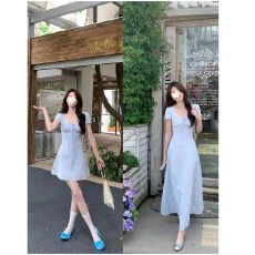 柔蓝一水韩系高智感法式蕾丝拼接假两件气质收腰连衣裙