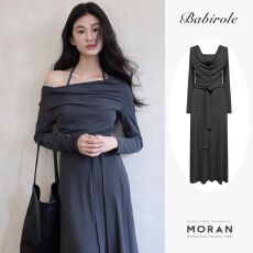 批发法式秋冬新款荡领温柔吊带挂脖灰色针织<b class='q'>连衣裙</b>女秋季修身长裙