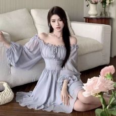 批发2026法式复古公主<b class='q'>连衣裙</b>设计感超仙<b class='q'>一字领</b>初恋约会裙收腰显瘦短裙