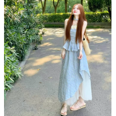 批发超仙森系小清新穿搭套装裙夏立体花朵抹胸吊带上衣网纱格子半身裙