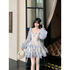 批发今年流行<b class='q'>灯笼</b>袖蕾丝花边防晒开衫女小飞袖蓬蓬碎花连衣<b class='q'>裙</b>两件套