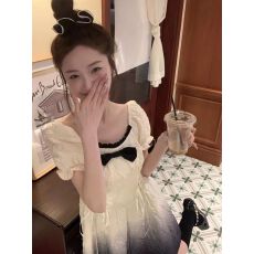 批发短袖方领蝴蝶结连衣裙2026夏季收腰显瘦系带渐变色生日公主礼服裙