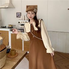 批发春秋温柔长袖连衣裙2026设计感撞色收腰显瘦别致百搭气质a字裙女