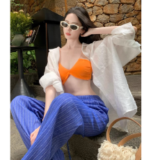 批发白色薄款长袖防晒衬衫吊带背心女夏内搭海边度假风穿搭套装阔腿裤