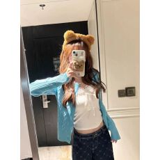 批发韩系氛围感短款上衣麻花针织开衫毛衣<b class='q'>外套女</b>春秋季设计感小众蓝色