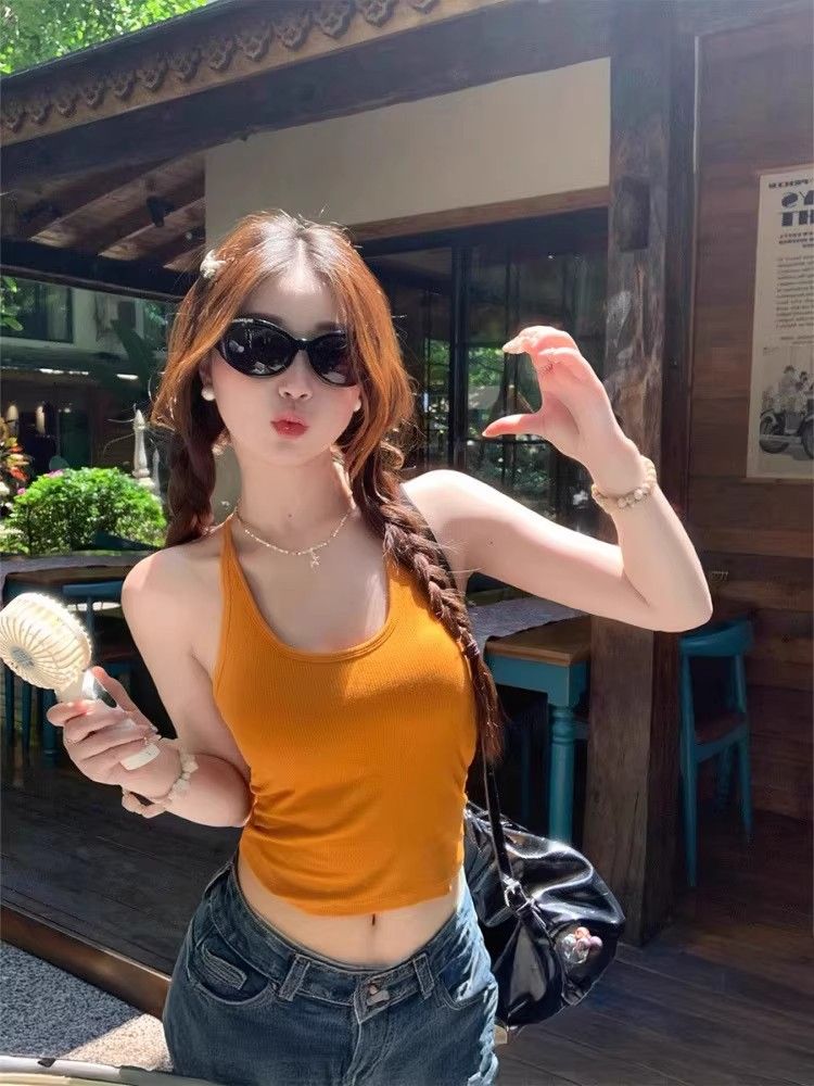 벨트 가슴 패드 도파민 황색 행침 목 여름 외출용 아름다움 뒤로 행침 벨트 가슴 패드 인사이드 가져 가라. 쇼트 스타일 달콤한 매운맛 작은 조끼