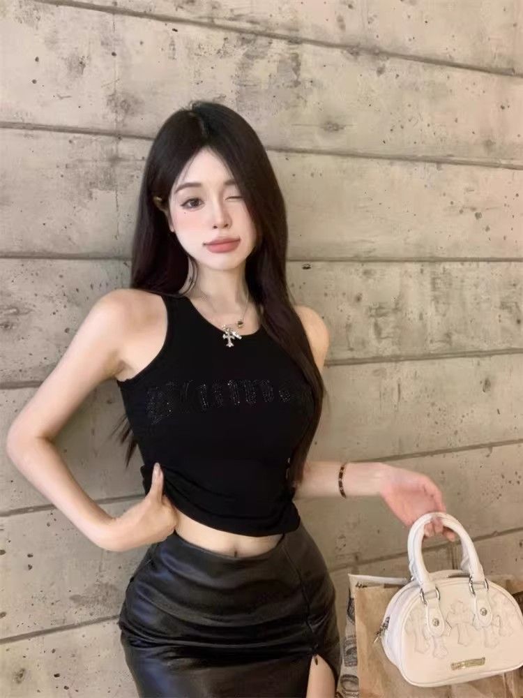 알파벳 스와로브스키 민소매 작은 조끼 슬립 인사이드 가져 가라. 여성 여름 핫걸 아름다운 단어 핫픽스 타이트 맨위 외출용