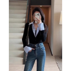 批发辣妹复古高级感假两件polo领针织衫<b class='q'>女装</b>秋季新款修身显瘦内搭上衣