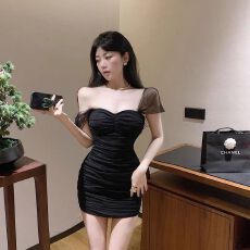 法式夏新高级感气质一字肩网纱吊带女纯欲辣妹性感包臀抹胸连衣裙