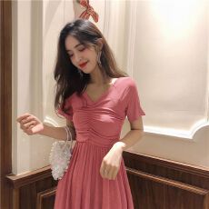 批发夏新款纯色连衣裙时尚V领洋气插肩袖<b class='q'>赫本</b>小黑裙收腰显瘦气质裙子