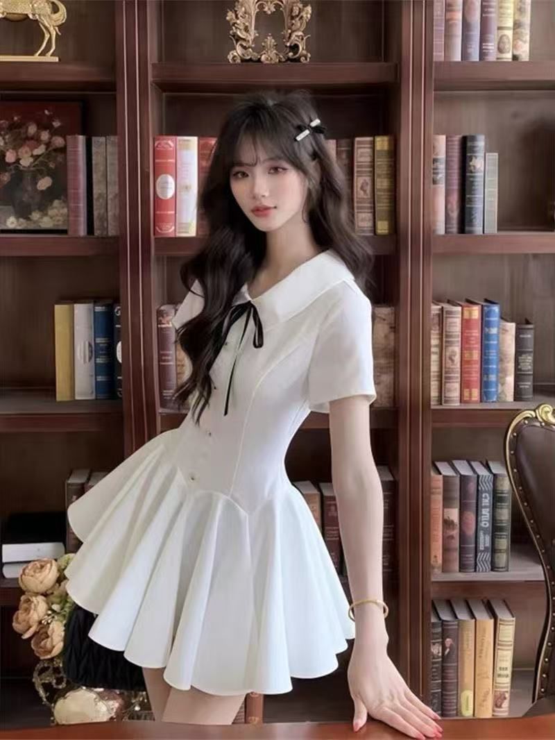 여름 학원 스타일 달콤함 나비 매듭 베이비 칼라 화이트 여성 드레스 허리 수축 플리츠 한 마디 미니 스커트 공주 드레스