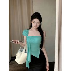 批发26年春季T恤黑色单肩修身带胸垫<b class='q'>背心</b>T恤设计夏季显瘦露肩短款上衣