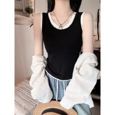 批发26年辣妹上衣修身带胸垫<b class='q'>背心</b>T恤假两件设计感夏季撞色短款上衣