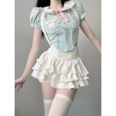 批发古弄多巴胺套装女夏季小清新泡泡袖小熊上衣纯欲<b class='q'>可爱</b>背带裙两件套