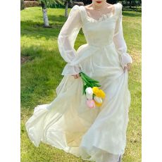 批发26年春季温柔白色荷叶边<b class='q'>连衣裙</b>秋冬气质高级感生日在逃公主长裙