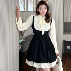 批发大码<b class='q'>秋冬</b>清纯可爱甜美假两件A字裙微胖妹妹收腰显瘦撞色连衣裙女