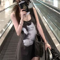 批发U领大领口绑带两穿吊带<b class='q'>连衣裙</b>女夏季猫咪印花背心外穿短裙子上衣