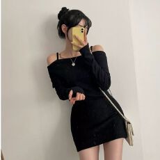 批发辣妹小个子修身显瘦一字肩吊带翻领<b class='q'>连衣裙</b>女秋<b class='q'>冬季</b>新款包臀裙短裙