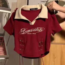 批发绣花V领短袖t恤韩版辣妹短款上衣