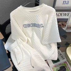 批发<b class='q'>大码</b>女装2-300斤美式复古学院风华夫格T恤套装宽松<b class='q'>运动</b>休闲两件套