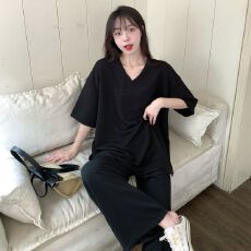 批发欧货时尚V领<b class='q'>运动服</b>套装女夏季胖mm300斤<b class='q'>大码</b>薄款宽松阔腿裤两件套