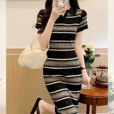 批发新款法式v领气质显瘦长<b class='q'>裙</b><b class='q'>小个子</b><b class='q'>条纹</b>Polo领收腰针织连衣<b class='q'>裙</b>女夏季