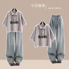 批发时尚套装#POLO衫短款宽松半袖<b class='q'>打底</b>衫上衣搭配复古蓝百搭牛仔裤