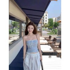 批发纯欲辣妹系带针织条纹抹胸背心女夏季修身外穿无袖绝美漂亮小上衣