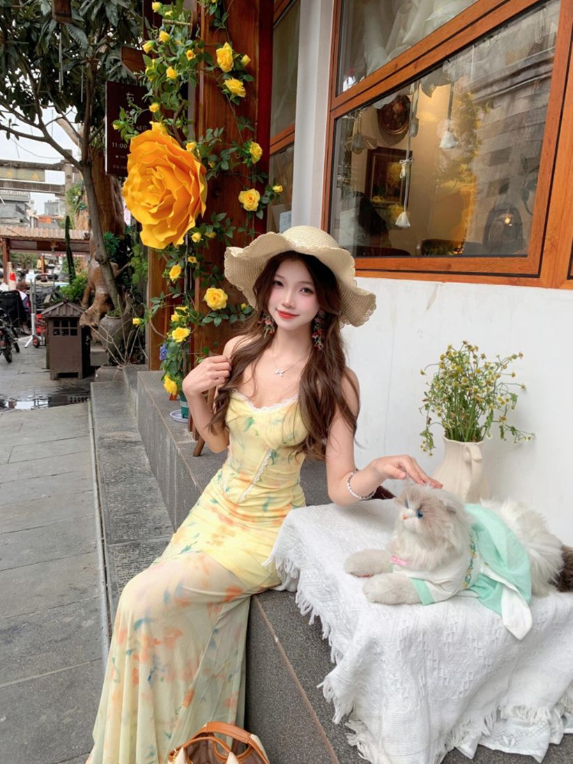 휴가 바람 스트랩 백리스 슬립 여성 드레스 여름 꽃무늬 치마 핫걸 허리 수축 인어 꼬리 치마 타이트 스커트 롱 스커트