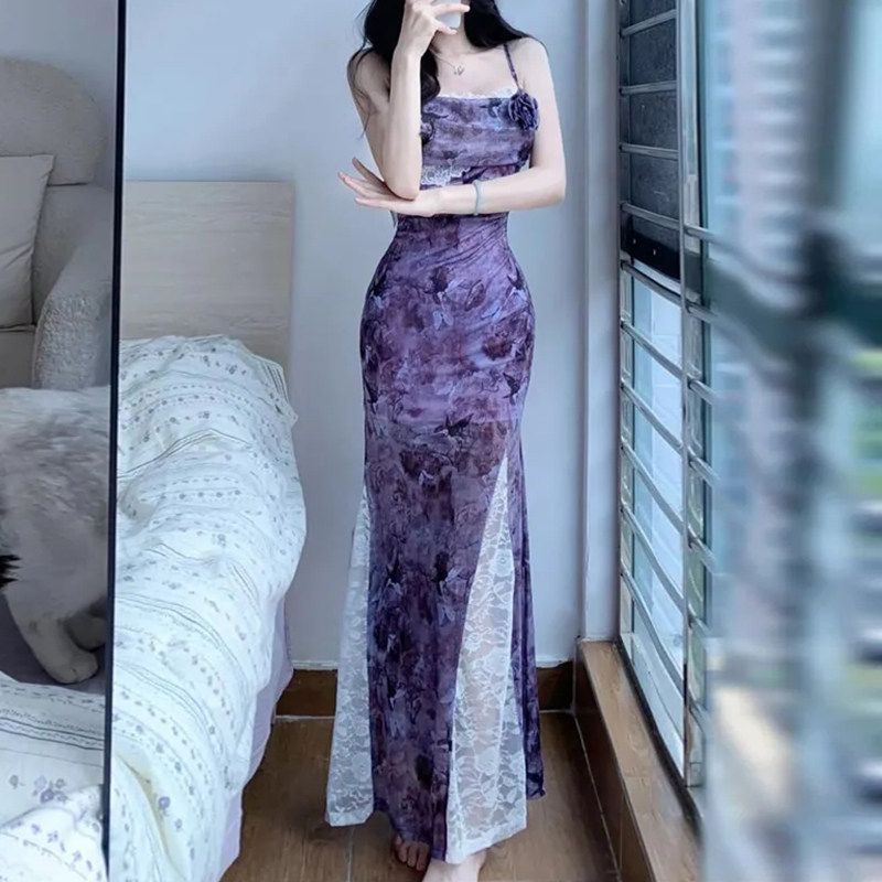 달콤한 매운맛 순수한 욕망 보라색 여름 아름다운 디스플레이 몸 여성 드레스 허리 수축 타이트 스커트 슬립 드레스 휴가 레이스 드레스