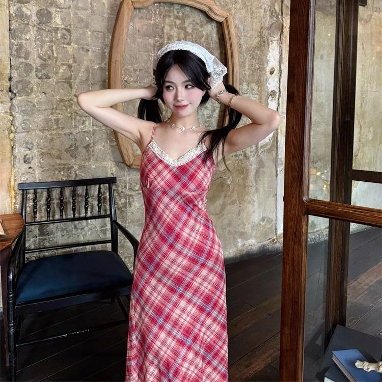 더위 섬 휴일 프랑스식 스타일 빨간색 체크무늬 레이스 조각 V넥 슬립 여름 해변가 휴가 치마 드레스