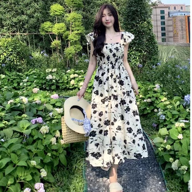 슈퍼 요정 센 부서 드레스 여름 새로운 작은 날다 소매 달콤함 품격 부드러운 바람 프랑스식 꽃무늬 중간 길이 스커트