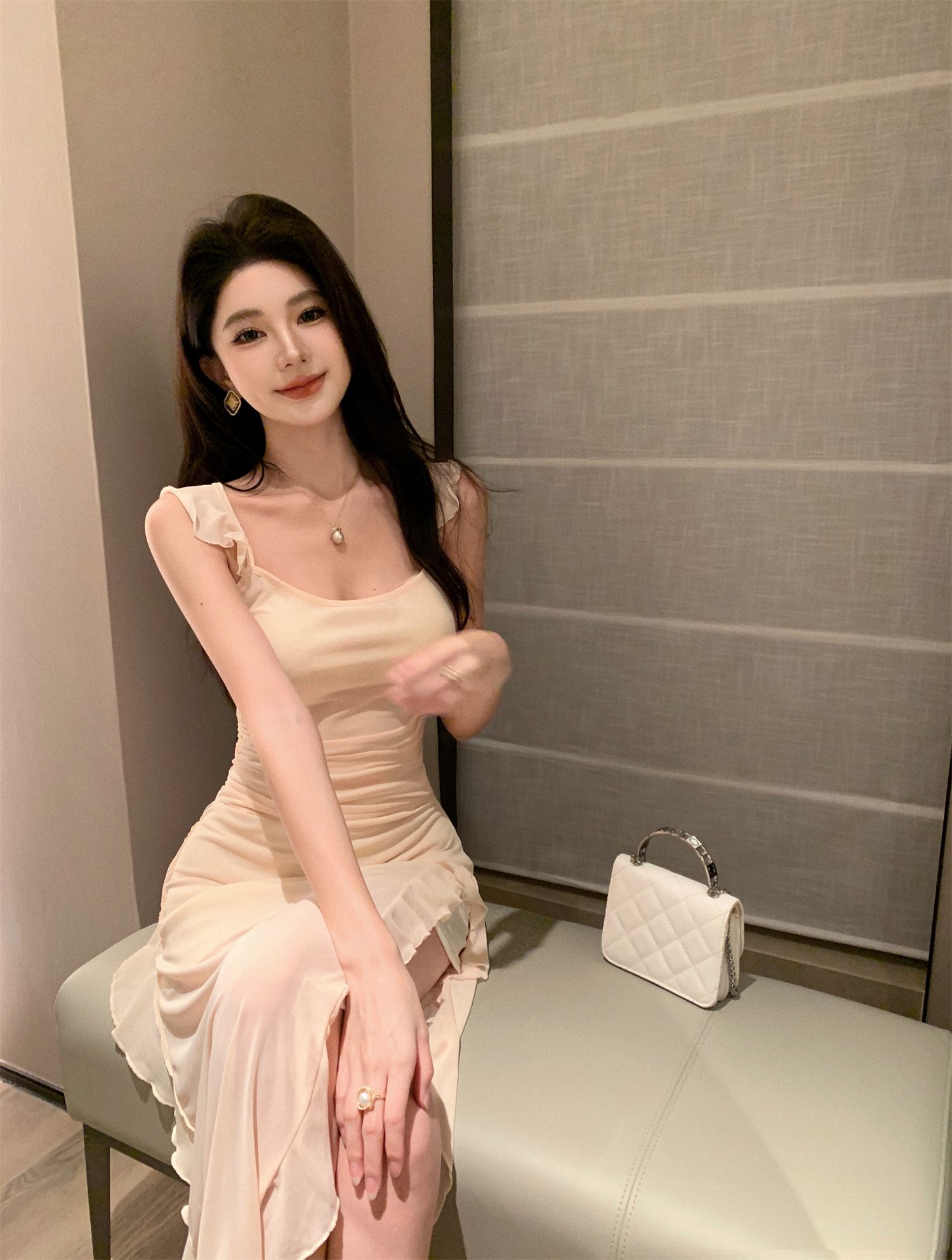 순수한 욕망 바람 프랑스식 슬립 여성 드레스 여름 작은 키 150 몸매 가꾸기 롱 스커트 섹시함 트임 불규칙 치마