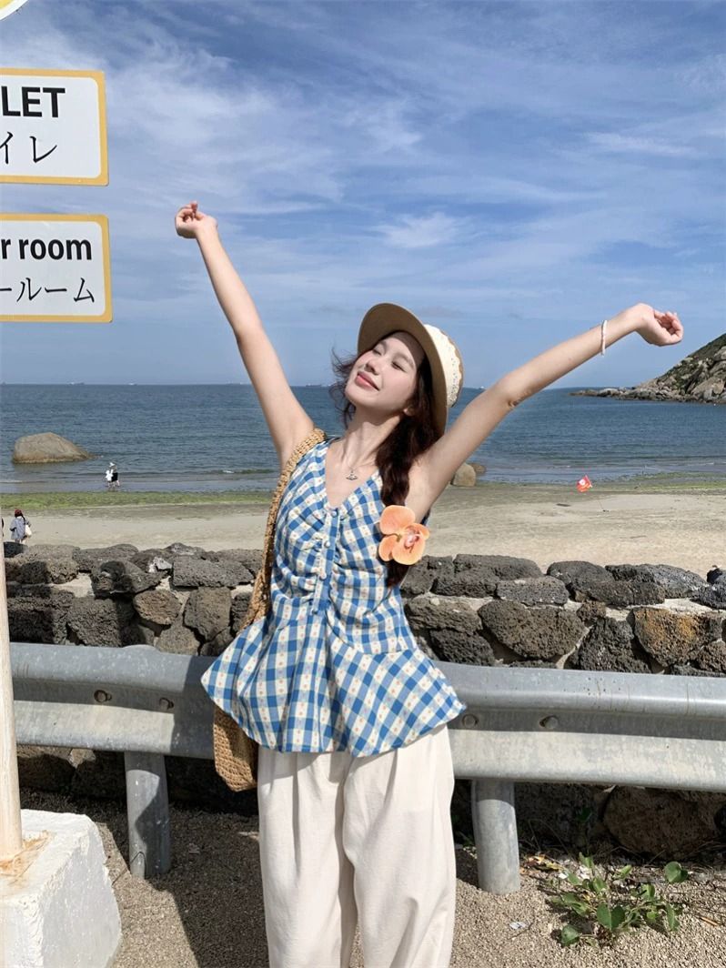 원본 원단 네리 지퍼 새로운 여름 미니멀리즘 레트로 체크무늬 꽃무늬 조끼 민소매 맨위