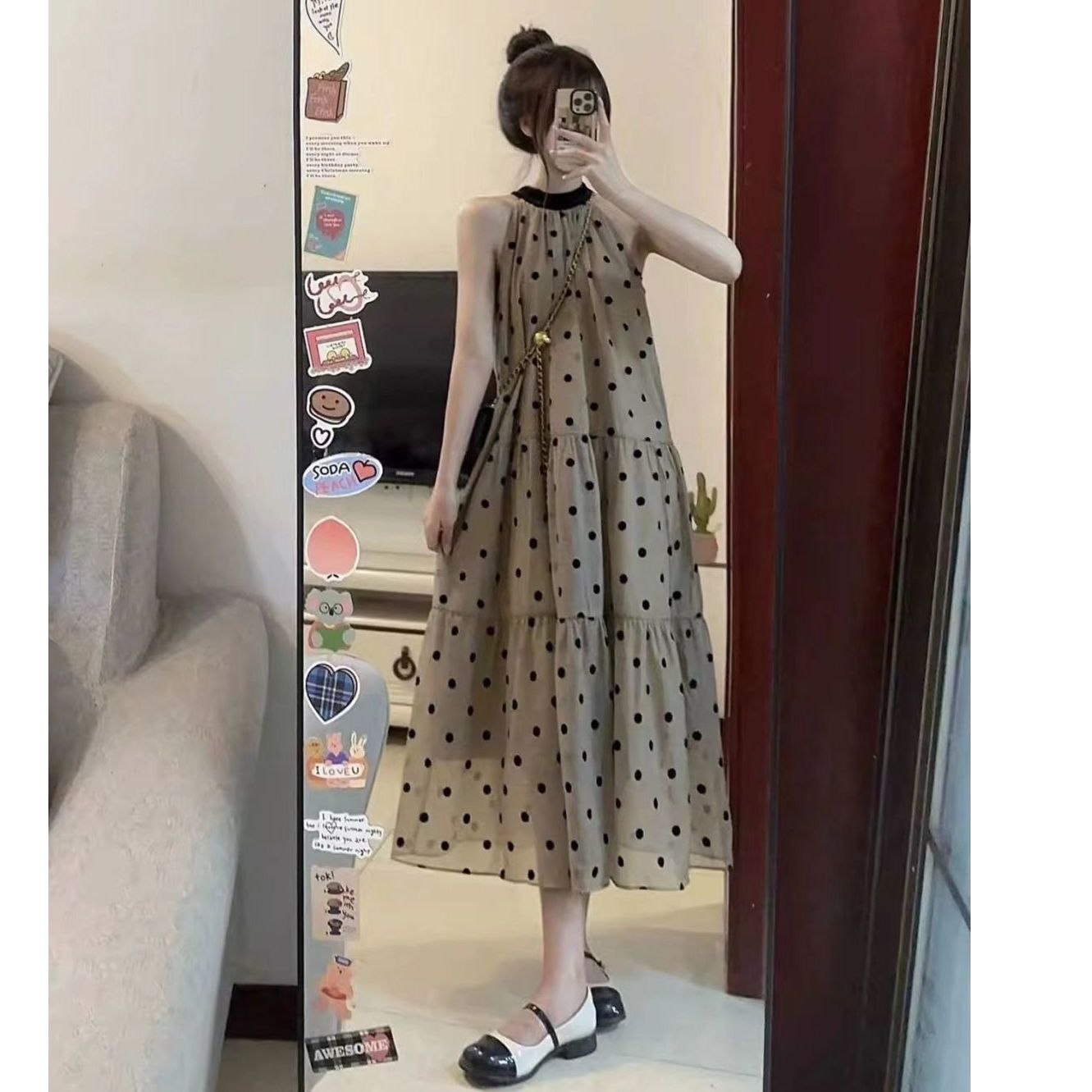 프랑스식 행침 목 도트 무늬 드레스 아이들 여름 새로운 해변가 휴가 작은 키 민소매 품격 롱 스커트