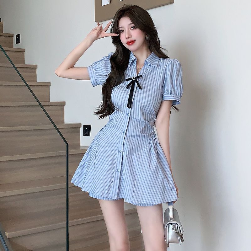 학원 스타일 세트 허리 수축 슬림해 보이는 치마 스트라이프 셔츠 여성 드레스 여름 하이웨이스트 반바지 패션 투피스 세트