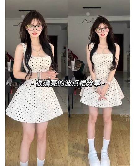 도트 무늬 스트랩 여성 드레스 봄 고급 센스 달콤한 매운맛 백리스 허리 수축 슬림해 보이는 퍼프 슬립 미니 스커트 트렌디