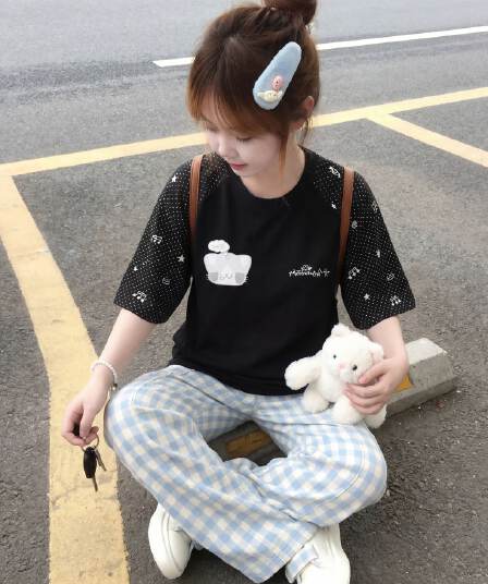 자수 원본 마술 막대기 19 지점 220 그램 순면 반팔 티셔츠 여성